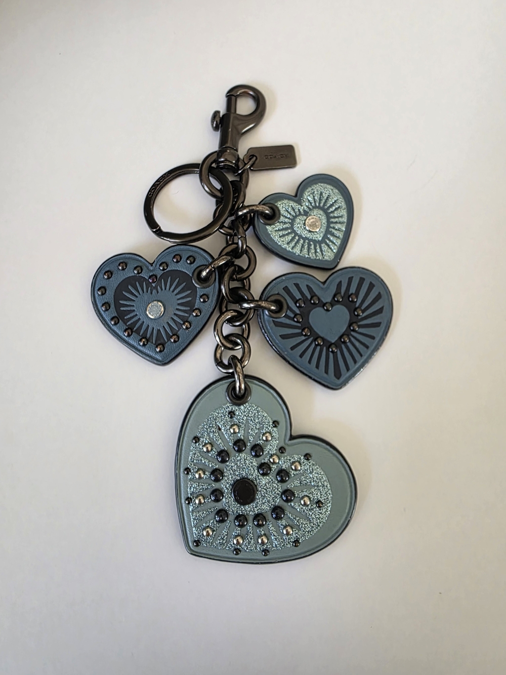 Coach Heart Motif Leather Bag Charm Key Fob Blue Studded Glitter Hard To Find